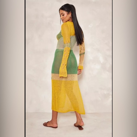 Tall Yellow Open Knit Distressed Maxi Dress With Side Split - Picture 2 of 3